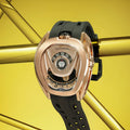 TSAR BOMBA Reactor TB8213 staless steel Automatic Interchangeable Men's Watch. Features a gold stainless steel case and bezel, powered by a Japanese automatic movement. Top dial: minutes; central dial: seconds. Bottom main display: hour hand = pointer reading + central window reading. The TB8213 utilizes the TSAR BOMBA interchangeable module system, allowing for quick and tool-free changes of the strap, bezel, and crown.