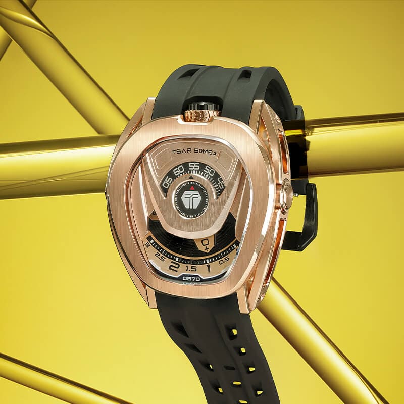TSAR BOMBA Reactor TB8213 staless steel Automatic Interchangeable Men's Watch. Features a gold stainless steel case and bezel, powered by a Japanese automatic movement. Top dial: minutes; central dial: seconds. Bottom main display: hour hand = pointer reading + central window reading. The TB8213 utilizes the TSAR BOMBA interchangeable module system, allowing for quick and tool-free changes of the strap, bezel, and crown.