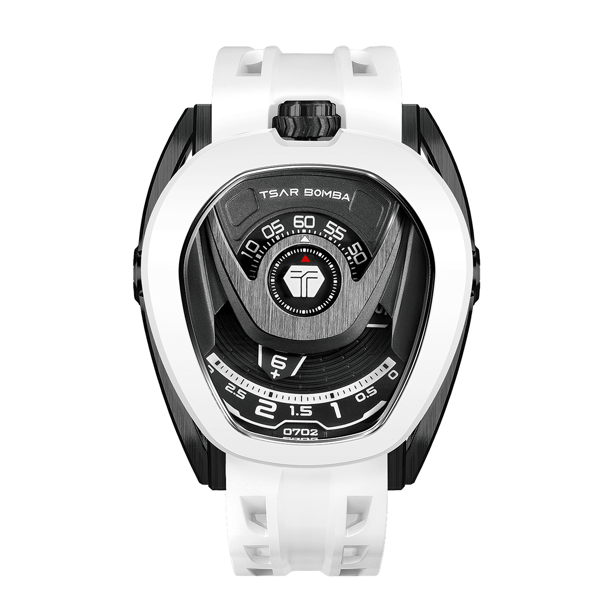 Tsarbomba Watches TB8213; white 316L stainless steel bezel, black 316L stainless steel case, and white strap; Japanese automatic movement watches--front view