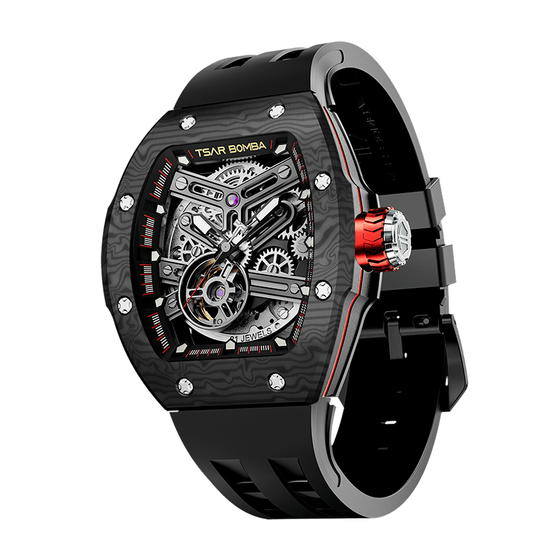 TSAR BOMBA Atomic automatic-skeleton-tonneau-men-watch-TB8218cf- Carbon fiber black bezel, Left three-quarter-view; Features a carbon fiber bezel and an interchangeable fluoro-rubber strap. It utilizes TSAR BOMBA’s patented technology, allowing for the tool-free, rapid swapping of the strap, bezel, and crown. Since your watch can change its style, why buy another one?