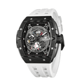 Side view of the TB8210CF Passion Red men’s tonneau watch, featuring a tonneau stainless steel case, a carbon fiber bezel, and white strap. The Seiko Epson automatic movement is displayed with a tourbillon at 9 o’clock, a power reserve indicator at 12 o’clock, and a 24-hour display at 6 o’clock.