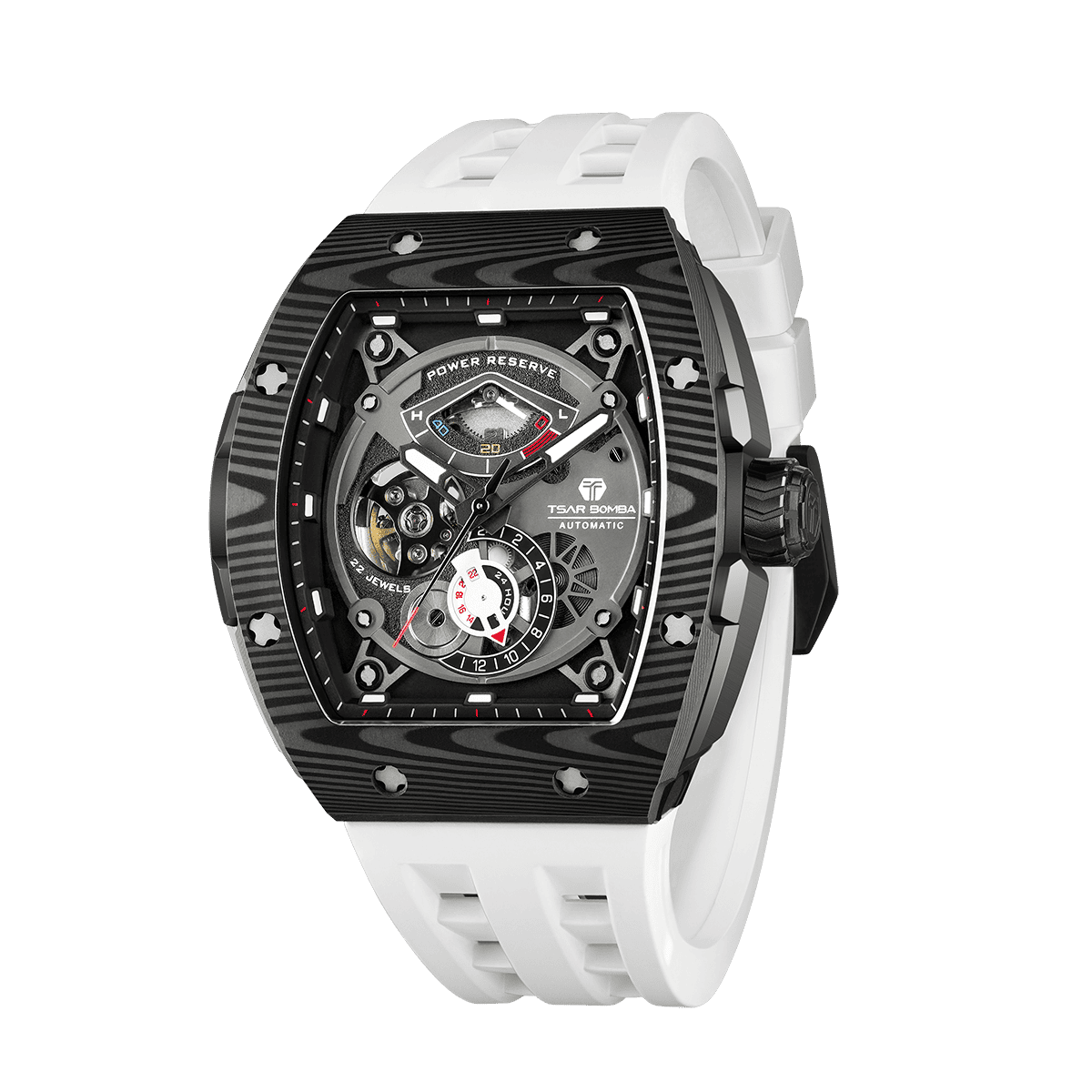 Side view of the TB8210CF Passion Red men’s tonneau watch, featuring a tonneau stainless steel case, a carbon fiber bezel, and white strap. The Seiko Epson automatic movement is displayed with a tourbillon at 9 o’clock, a power reserve indicator at 12 o’clock, and a 24-hour display at 6 o’clock.