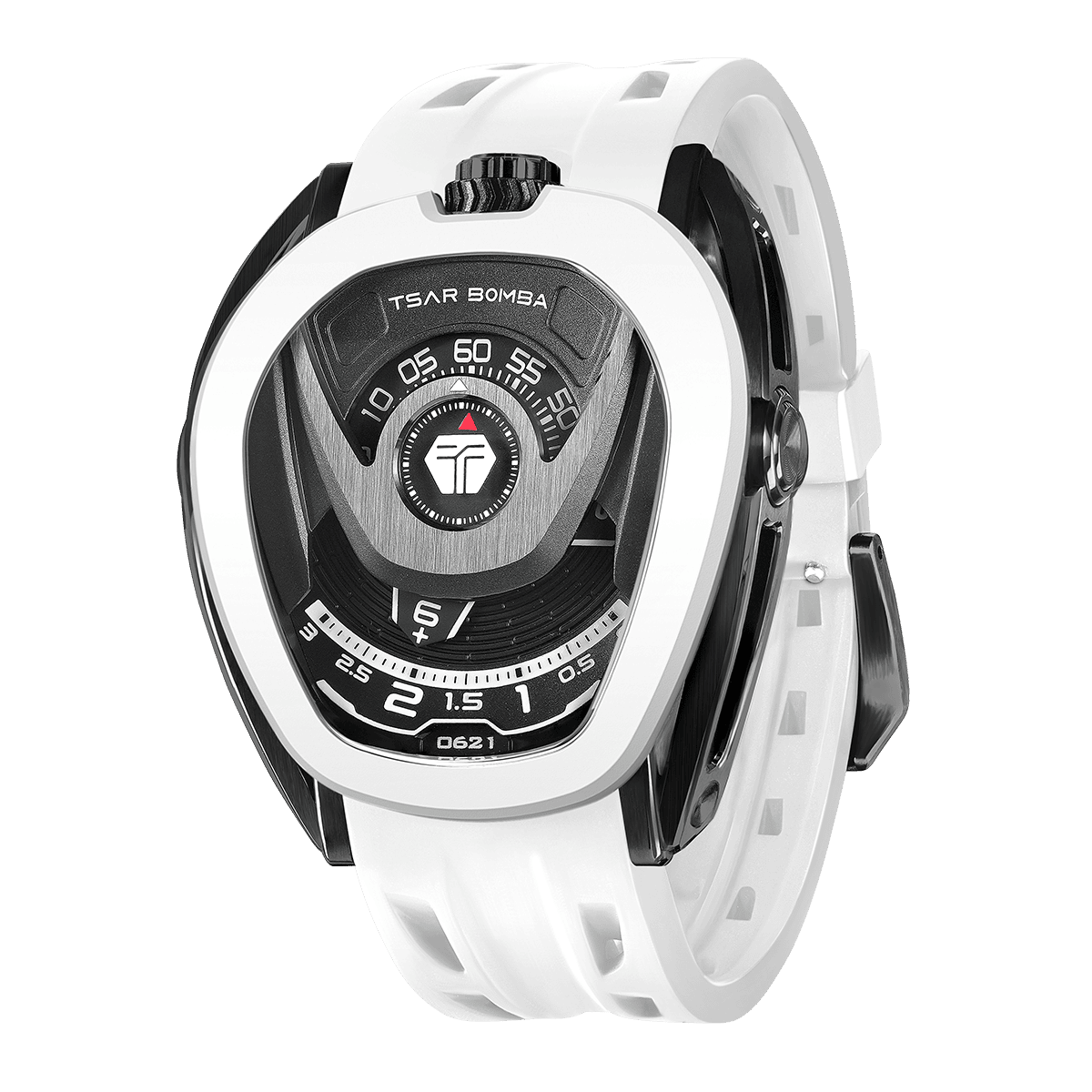 tsarbomba wathces TB8213;white 316Lstainless steel bezel and 316L stainless steel balck case and white strap;japan automatic movement watches-45° side view
