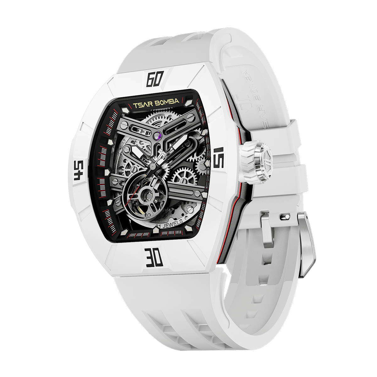 TSAR BOMBA Atomic automatic-skeleton-tonneau-men-watch-TB8218DF- Dynamic fluororubber bezel and white  strap, Left three-quarter-view; Features a dynamic fluororubber bezel（Features numerical markers at the 12, 3, 6, and 9 o'clock positions.） and an interchangeable fluoro-rubber strap. It utilizes TSAR BOMBA’s patented technology, allowing for the tool-free, rapid swapping of the strap, bezel, and crown. Since your watch can change its style, why buy another one?