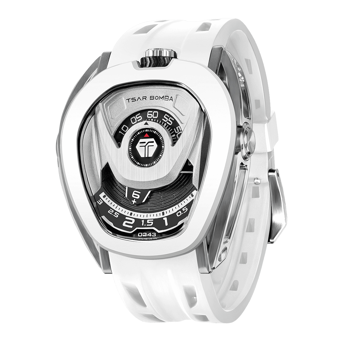 tsarbomba wathces TB8213;white 316Lstainless steel bezel and 316L stainless steel silver case and white strap;japan automatic movement watches--45°side view