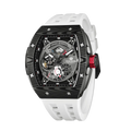 Side view of the TSAR BOMBA Elemental TB8210CF Elite White men’s tonneau watch, featuring a tonneau stainless steel case, a carbon fiber bezel, and white strap. The Seiko Epson automatic movement is displayed with a tourbillon at 9 o’clock, a power reserve indicator at 12 o’clock, and a 24-hour display at 6 o’clock.