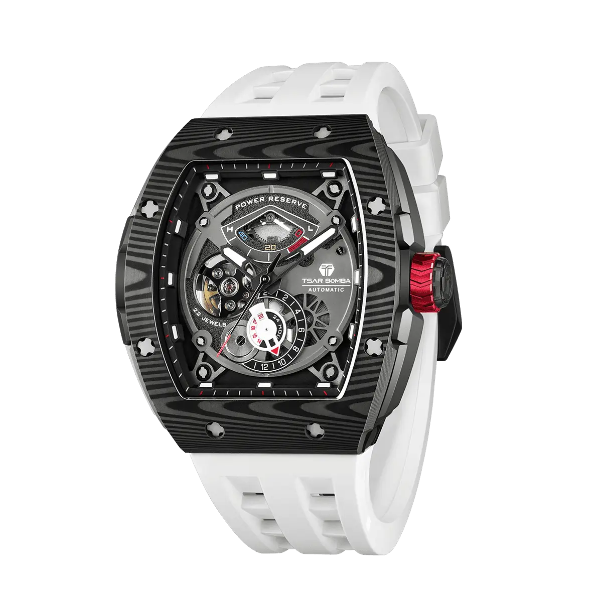 Side view of the TSAR BOMBA Elemental TB8210CF Elite White men’s tonneau watch, featuring a tonneau stainless steel case, a carbon fiber bezel, and white strap. The Seiko Epson automatic movement is displayed with a tourbillon at 9 o’clock, a power reserve indicator at 12 o’clock, and a 24-hour display at 6 o’clock.