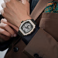 Close-up of a model wearing the TSAR BOMBA Elemental TB8208D men’s Black tonneau watch with a gold-tone stainless steel case and cubic zirconia bezel and skeleton dial.