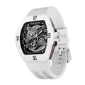 TSAR BOMBA Atomic automatic-skeleton-tonneau-men-watch-TB8218DF- Dynamic fluororubber bezel and white  strap, Left three-quarter-view; Features a dynamic fluororubber bezel（Features numerical markers at the 12, 3, 6, and 9 o'clock positions.） and an interchangeable fluoro-rubber strap. It utilizes TSAR BOMBA’s patented technology, allowing for the tool-free, rapid swapping of the strap, bezel, and crown. Since your watch can change its style, why buy another one?