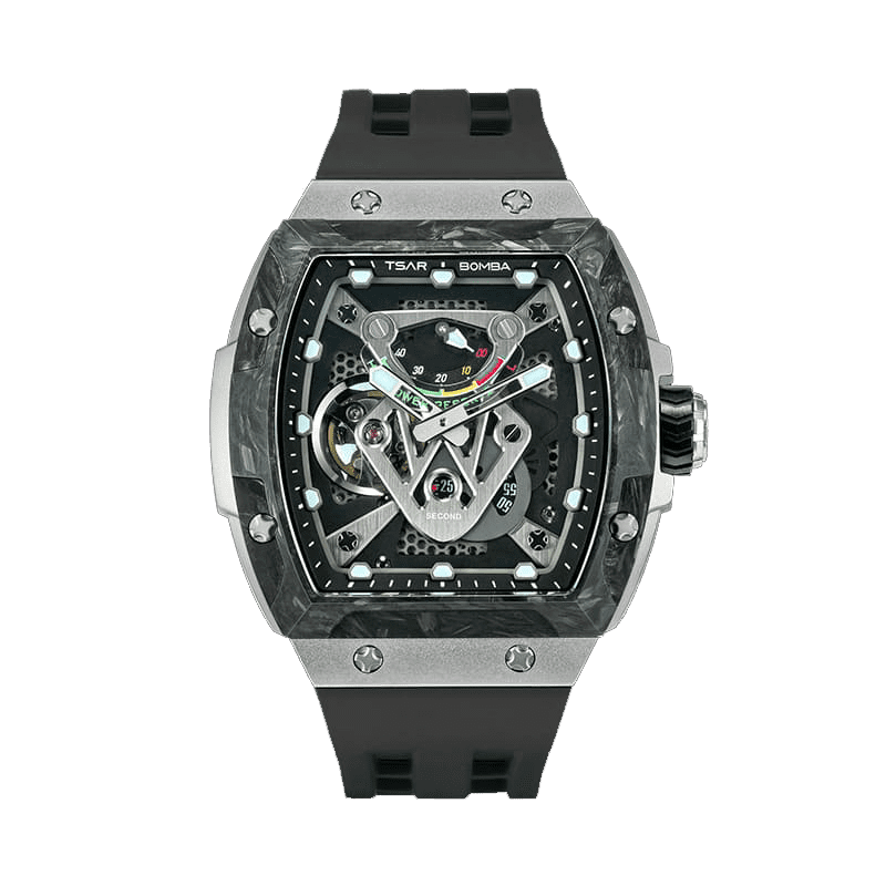 The TB8216 is a Tsarbomba watch featuring a carbon fiber bezel, a titanium case, and a black fluororubber strap, with interchangeable bezel, strap, and crown.front view