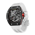 TSAR BOMBA Atomic automatic-skeleton-tonneau-men-watch-TB8218cf- Carbon fiber black bezel and white strap, Left three-quarter-view; Features a carbon fiber bezel and an interchangeable fluoro-rubber strap. It utilizes TSAR BOMBA’s patented technology, allowing for the tool-free, rapid swapping of the strap, bezel, and crown. Since your watch can change its style, why buy another one?