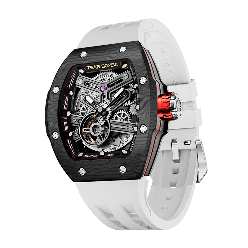 TSAR BOMBA Atomic automatic-skeleton-tonneau-men-watch-TB8218cf- Carbon fiber black bezel and white strap, Left three-quarter-view; Features a carbon fiber bezel and an interchangeable fluoro-rubber strap. It utilizes TSAR BOMBA’s patented technology, allowing for the tool-free, rapid swapping of the strap, bezel, and crown. Since your watch can change its style, why buy another one?