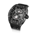15° Left-Angled View TSAR BOMBA Elemental TB8210CF Cool Black men’s tonneau watch, featuring a tonneau stainless steel case, a carbon fiber bezel, and black strap. The Seiko Epson automatic movement is displayed with a tourbillon at 9 o’clock, a power reserve indicator at 12 o’clock, and a 24-hour display at 6 o’clock.