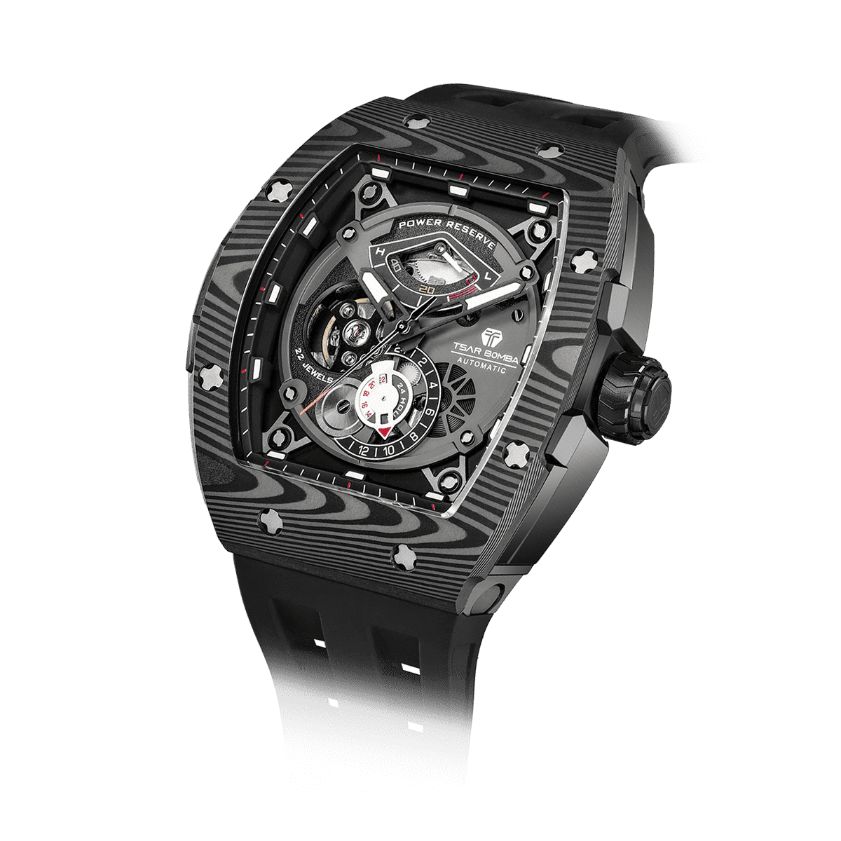 15° Left-Angled View TSAR BOMBA Elemental TB8210CF Cool Black men’s tonneau watch, featuring a tonneau stainless steel case, a carbon fiber bezel, and black strap. The Seiko Epson automatic movement is displayed with a tourbillon at 9 o’clock, a power reserve indicator at 12 o’clock, and a 24-hour display at 6 o’clock.