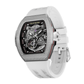 TSAR BOMBA Atomic automatic-skeleton-tonneau-men-watch-TB8218D- zirconia diamond bezel and white strap, Left three-quarter-view; Features a zirconia diamon bezel and an interchangeable fluoro-rubber strap. It utilizes TSAR BOMBA’s patented technology, allowing for the tool-free, rapid swapping of the strap, bezel, and crown. Since your watch can change its style, why buy another one?