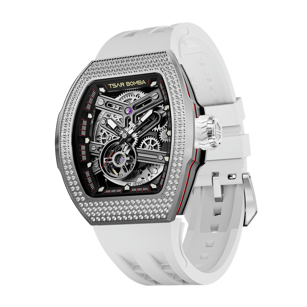 TSAR BOMBA Atomic automatic-skeleton-tonneau-men-watch-TB8218D- zirconia diamond bezel and white strap, Left three-quarter-view; Features a zirconia diamon bezel and an interchangeable fluoro-rubber strap. It utilizes TSAR BOMBA’s patented technology, allowing for the tool-free, rapid swapping of the strap, bezel, and crown. Since your watch can change its style, why buy another one?