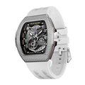 TSAR BOMBA Atomic automatic-skeleton-tonneau-men-watch-TB8218D- zirconia diamond bezel and white strap, Left three-quarter-view; Features a zirconia diamon bezel and an interchangeable fluoro-rubber strap. It utilizes TSAR BOMBA’s patented technology, allowing for the tool-free, rapid swapping of the strap, bezel, and crown. Since your watch can change its style, why buy another one?