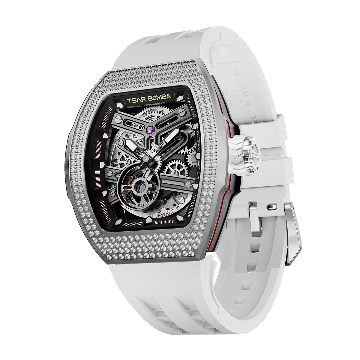 TSAR BOMBA Atomic automatic-skeleton-tonneau-men-watch-TB8218D- zirconia diamond bezel and white strap, Left three-quarter-view; Features a zirconia diamon bezel and an interchangeable fluoro-rubber strap. It utilizes TSAR BOMBA’s patented technology, allowing for the tool-free, rapid swapping of the strap, bezel, and crown. Since your watch can change its style, why buy another one?