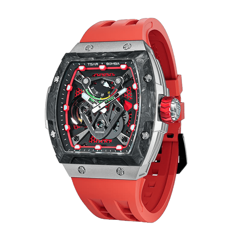 The TB8216 is a Tsarbomba watch featuring a carbon fiber bezel, a titanium case, and a red fluororubber strap, with interchangeable bezel, strap, and crown.limited edition watches-45° side view