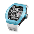 TSAR BOMBA Atomic TB8218C automatic skeleton tonneau men watch; ceramic bezel and stainless steel case and fluororubber strap; Features a ceramic bezel and an interchangeable fluoro-rubber strap. Utilizes TSAR BOMBA’s patented technology for interchangeable straps, bezels, and crowns. Quickly swap modules without tools—since your watch can change its style, why buy another one? Left three-quarter angle view-- Light Blue