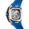 Powered by a Seiko Epson movement, A power reserve indicator is positioned at 12 o'clock; the stable movement delivers a power reserve of 50 hours (±10%). A 24-hour display dial is located at 6 o'clock, while a visible tourbillon is featured at 9 o'clock. The Dark Matter 2 features Grade A luminescent coating, scratch-resistant sapphire crystal, and a interchangeable fluororubber strap. Water-resistant to 100 meters (10 ATM).--Rear view