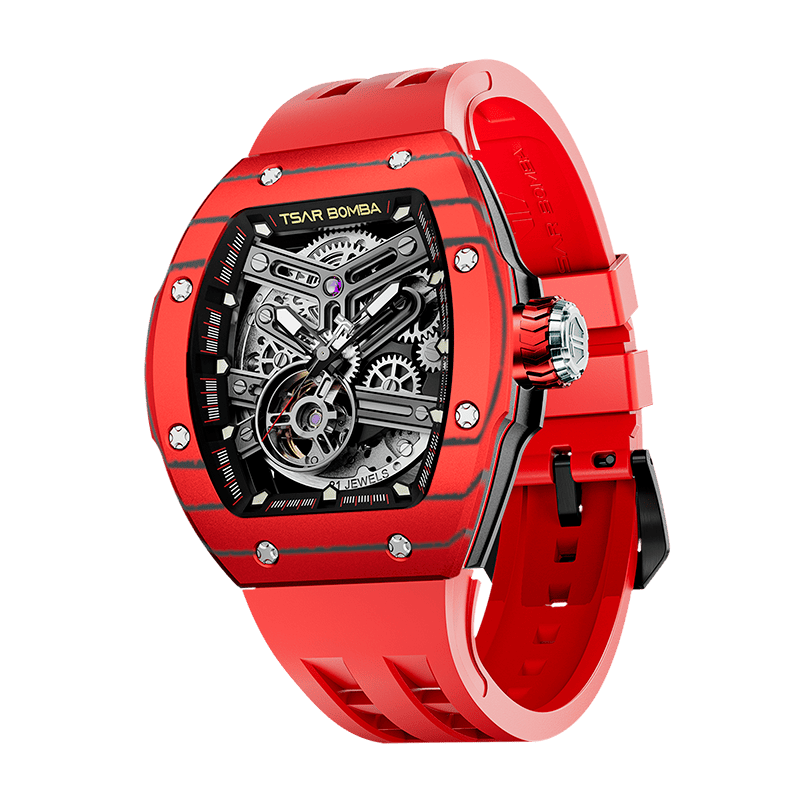TSAR BOMBA Atomic automatic-skeleton-tonneau-men-watch-TB8218cf- Carbon fiber red bezel and red strap, Left three-quarter-view; Features a carbon fiber bezel and an interchangeable fluoro-rubber strap. It utilizes TSAR BOMBA’s patented technology, allowing for the tool-free, rapid swapping of the strap, bezel, and crown. Since your watch can change its style, why buy another one?