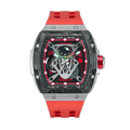 The TB8216 is a Tsarbomba watch featuring a carbon fiber bezel, a titanium case, and a red fluororubber strap, with interchangeable bezel, strap, and crown.limited edition watches--front view
