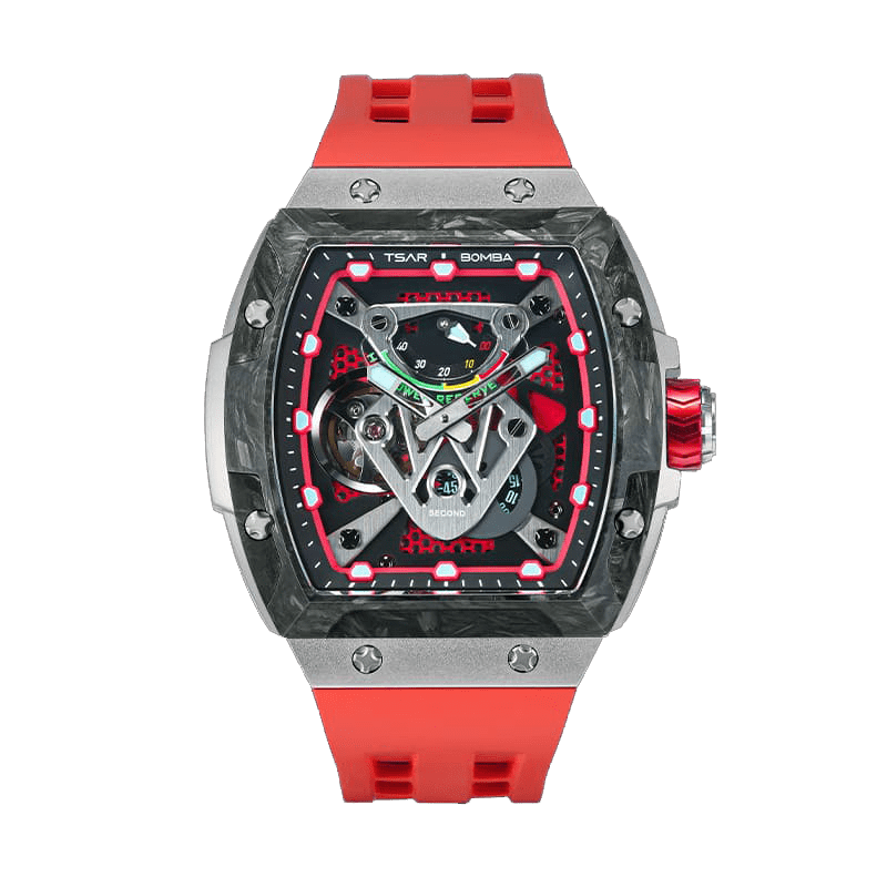 The TB8216 is a Tsarbomba watch featuring a carbon fiber bezel, a titanium case, and a red fluororubber strap, with interchangeable bezel, strap, and crown.limited edition watches--front view
