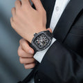 TSAR BOMBA Elemental TB8212 Skeleton Automatic Mechanical Watch. Powered by a Seiko Epson automatic movement, the full ceramic case is lightweight, skin-friendly.  It features Grade A luminescent coating, a scratch-resistant sapphire crystal, and a fluororubber strap. Water-resistant to 50 meters (5 ATM).--Model wearing display