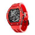 TSAR BOMBA Atomic automatic-skeleton-tonneau-men-watch-TB8218cf- Carbon fiber red bezel and red strap, Left three-quarter-view; Features a carbon fiber bezel and an interchangeable fluoro-rubber strap. It utilizes TSAR BOMBA’s patented technology, allowing for the tool-free, rapid swapping of the strap, bezel, and crown. Since your watch can change its style, why buy another one?