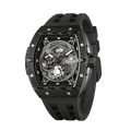 Side view of the TSAR BOMBA Elemental TB8210CF Cool Black men’s tonneau watch, featuring a tonneau stainless steel case, a carbon fiber bezel, and black strap. The Seiko Epson automatic movement is displayed with a tourbillon at 9 o’clock, a power reserve indicator at 12 o’clock, and a 24-hour display at 6 o’clock.