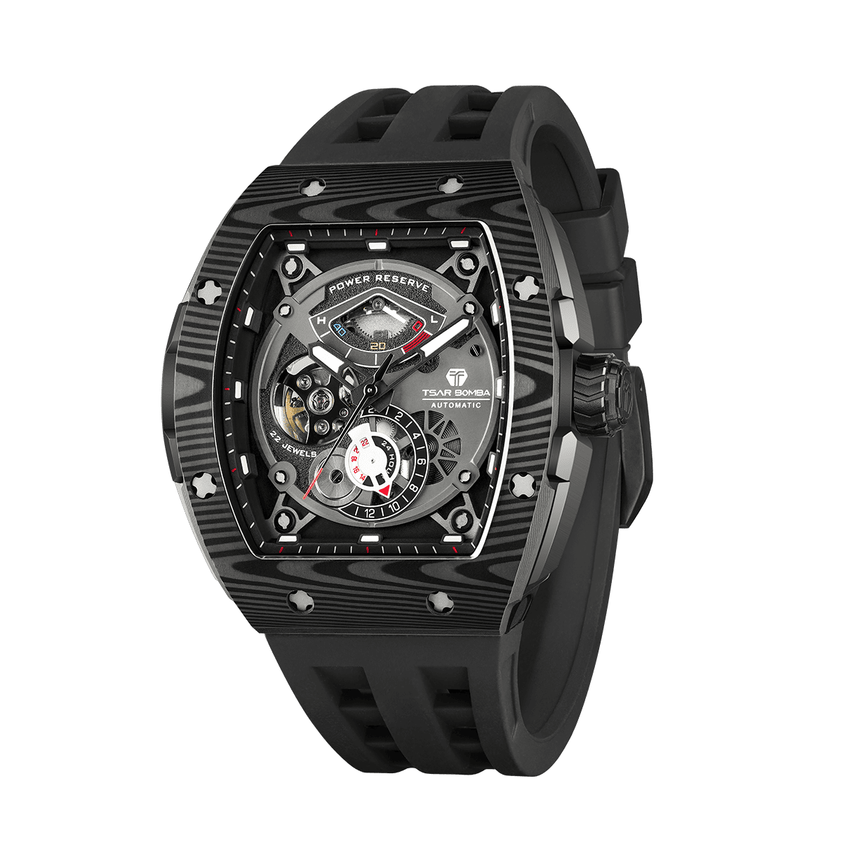 Side view of the TSAR BOMBA Elemental TB8210CF Cool Black men’s tonneau watch, featuring a tonneau stainless steel case, a carbon fiber bezel, and black strap. The Seiko Epson automatic movement is displayed with a tourbillon at 9 o’clock, a power reserve indicator at 12 o’clock, and a 24-hour display at 6 o’clock.