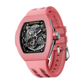 TSAR BOMBA Atomic automatic-skeleton-tonneau-men-watch-TB8218F- fluororubber bezel and pink strap, Left three-quarter-view; Features a dynamic fluororubber bezel and an interchangeable fluoro-rubber strap. It utilizes TSAR BOMBA’s patented technology, allowing for the tool-free, rapid swapping of the strap, bezel, and crown. Since your watch can change its style, why buy another one?