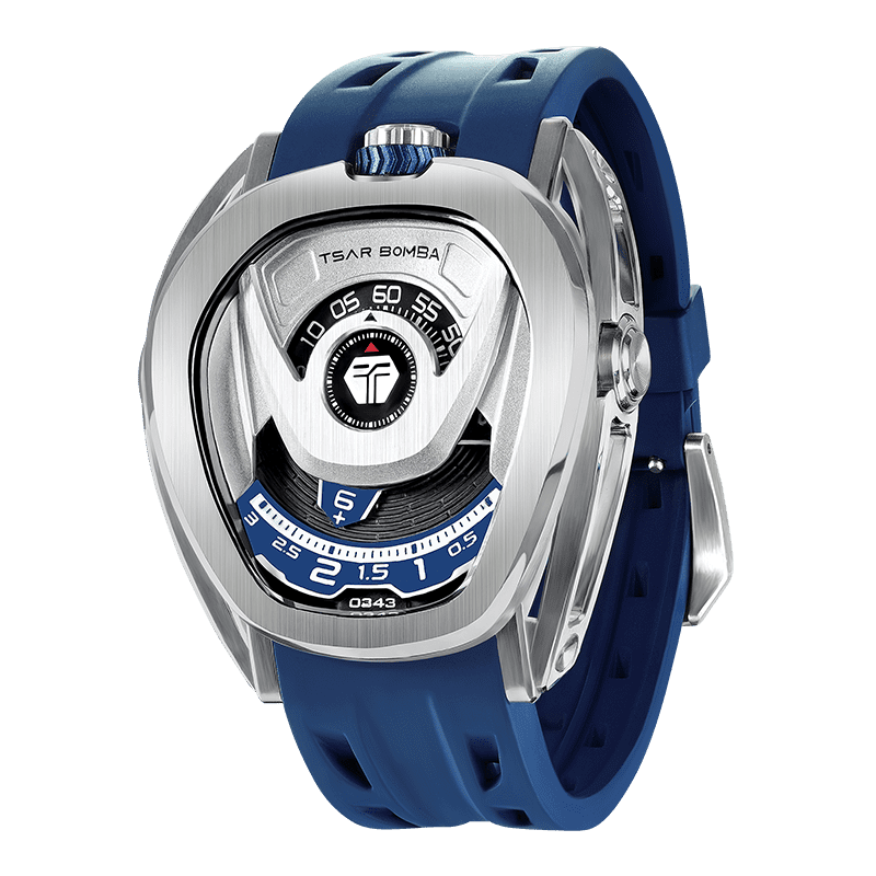 Side view of the TSAR BOMBA Reactor TB8213 staless steel Automatic Interchangeable Men's Watch. Features a sliver stainless steel case and bezel, powered by a Japanese automatic movement. Top dial: minutes; central dial: seconds. Bottom main display: hour hand = pointer reading + central window reading. The TB8213 utilizes the TSAR BOMBA interchangeable module system, allowing for quick and tool-free changes of the strap, bezel, and crown.blue strap