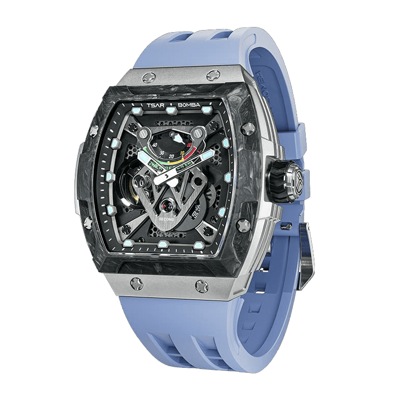 The TB8216 is a Tsarbomba watch featuring a carbon fiber bezel, a titanium case, and a black fluororubber strap, with interchangeable bezel, strap, and crown.limitde edition wathces--45° side view