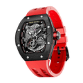 TSAR BOMBA Atomic automatic-skeleton-tonneau-men-watch-TB8218cf- Carbon fiber black bezel and red
strap, Left three-quarter-view; Features a carbon fiber bezel and an interchangeable fluoro-rubber strap. It utilizes TSAR BOMBA’s patented technology, allowing for the tool-free, rapid swapping of the strap, bezel, and crown. Since your watch can change its style, why buy another one?