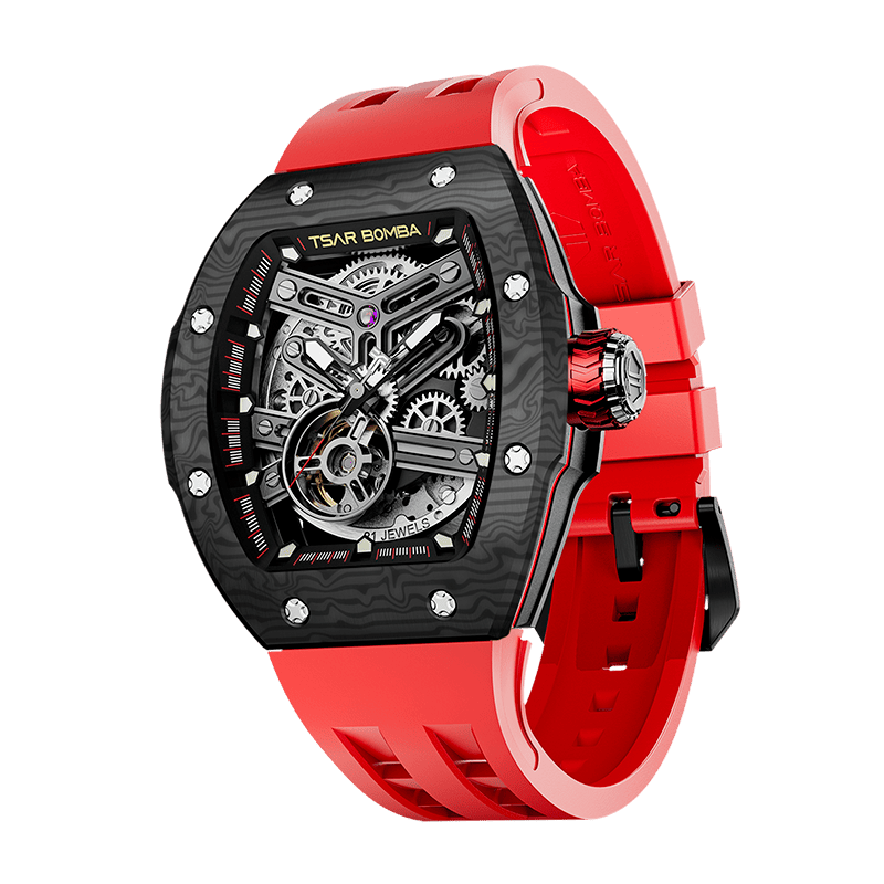 TSAR BOMBA Atomic automatic-skeleton-tonneau-men-watch-TB8218cf- Carbon fiber black bezel and red
strap, Left three-quarter-view; Features a carbon fiber bezel and an interchangeable fluoro-rubber strap. It utilizes TSAR BOMBA’s patented technology, allowing for the tool-free, rapid swapping of the strap, bezel, and crown. Since your watch can change its style, why buy another one?