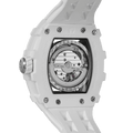 Rear view of the: TSAR BOMBA Elemental TB8208C men’s White Black tonneau watch with a stainless steel case and white strap.