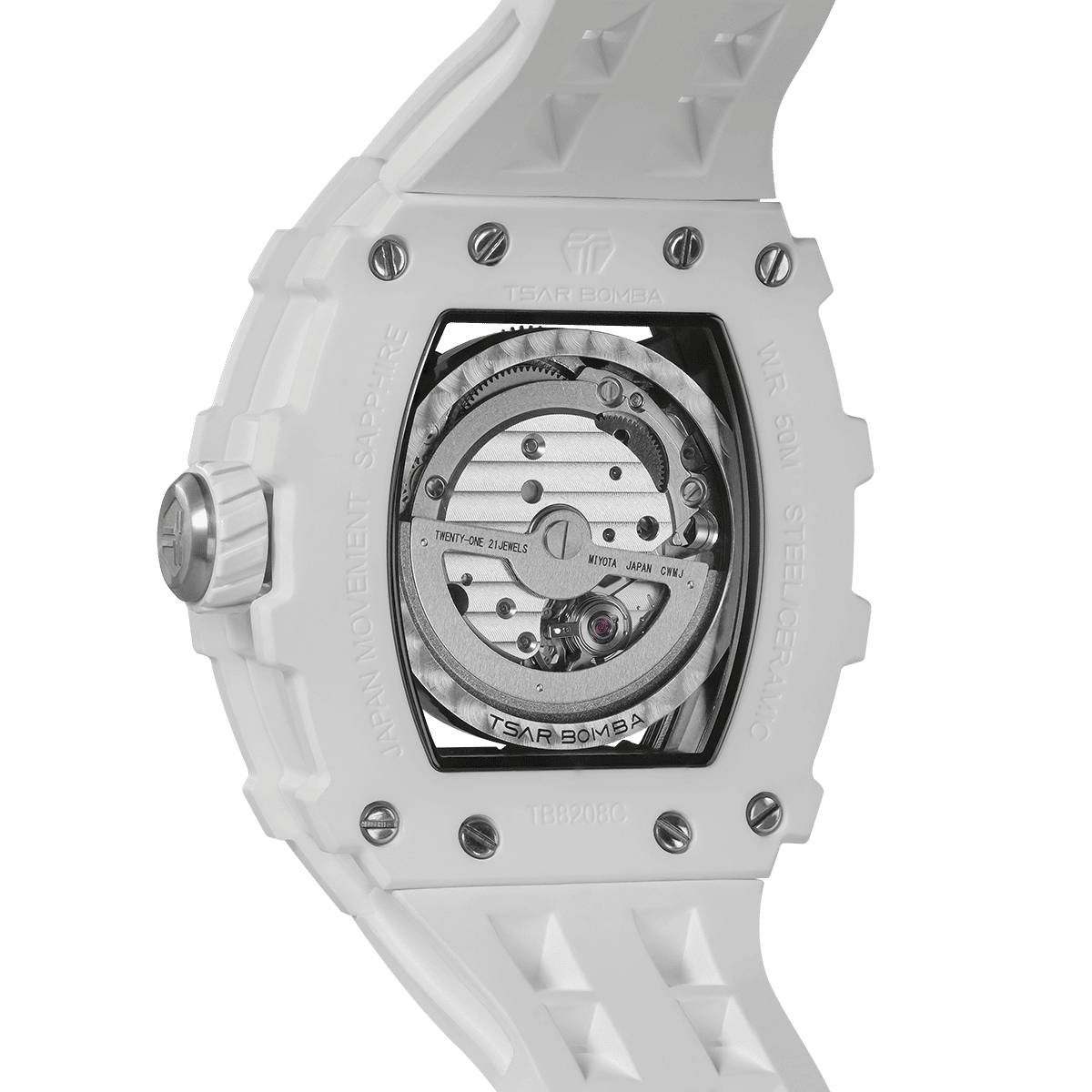 Rear view of the: TSAR BOMBA Elemental TB8208C men’s White Black tonneau watch with a stainless steel case and white strap.