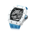 15° Left-Angled View TSAR BOMBA Elemental TB8208C men’s Blue tonneau watch with a stainless steel case and white ceramic bezel and skeleton dial and blue strap.