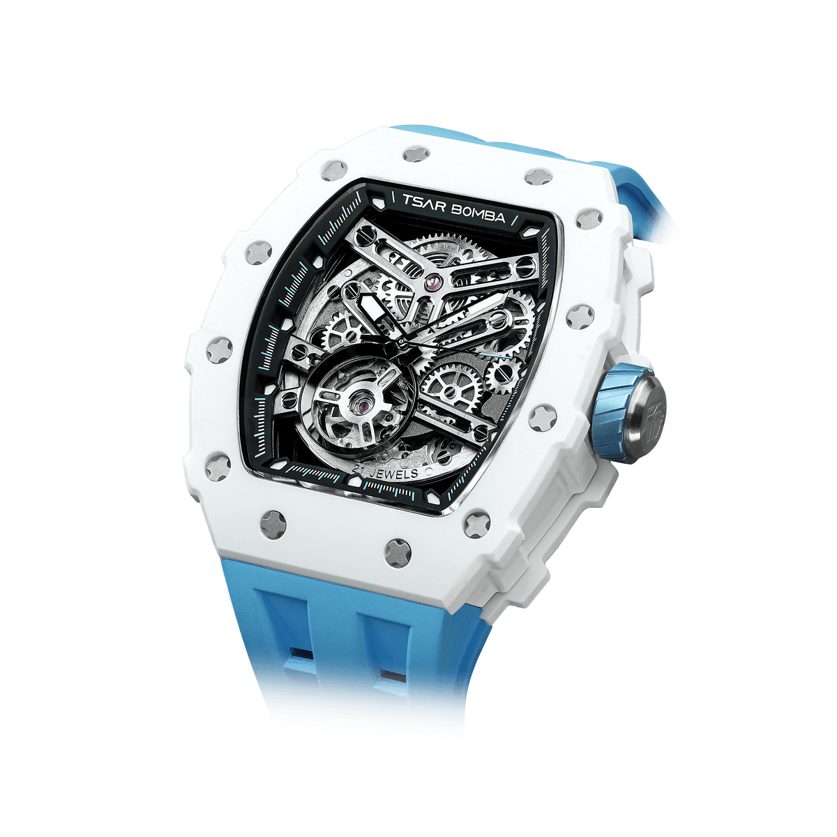 15° Left-Angled View TSAR BOMBA Elemental TB8208C men’s Blue tonneau watch with a stainless steel case and white ceramic bezel and skeleton dial and blue strap.