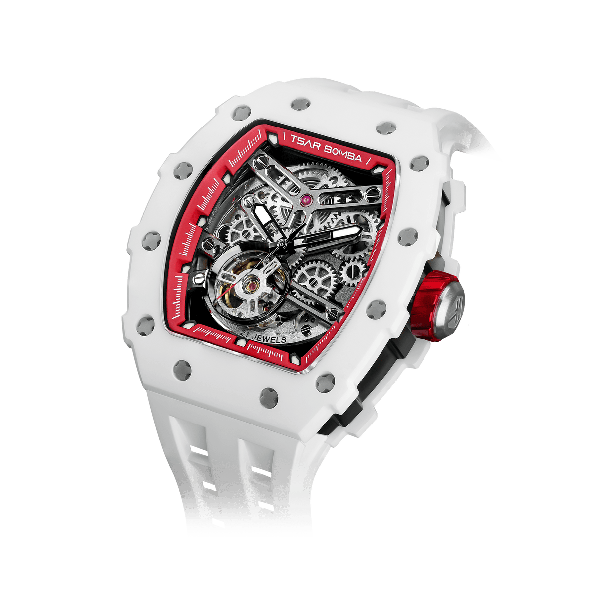 tsarbomba watches TB8208C;white red ceramic bezel and black 316L stainless steel case and blue strap;miyota automatic movement;ceramic watches