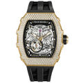 Front view of the TSAR BOMBA Elemental TB8208D men’s Black tonneau watch with a gold-tone stainless steel case and cubic zirconia bezel and skeleton dial.