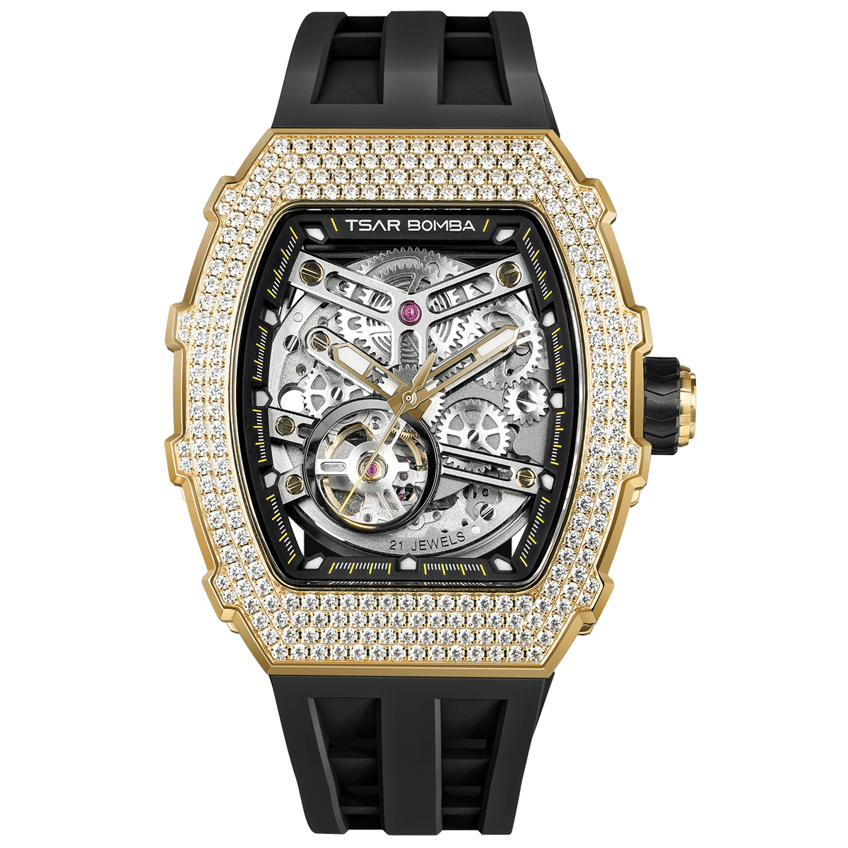 Front view of the TSAR BOMBA Elemental TB8208D men’s Black tonneau watch with a gold-tone stainless steel case and cubic zirconia bezel and skeleton dial.