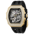 Side view of the TSAR BOMBA Elemental TB8208D men’s Black tonneau watch with a gold-tone stainless steel case and cubic zirconia bezel and skeleton dial.