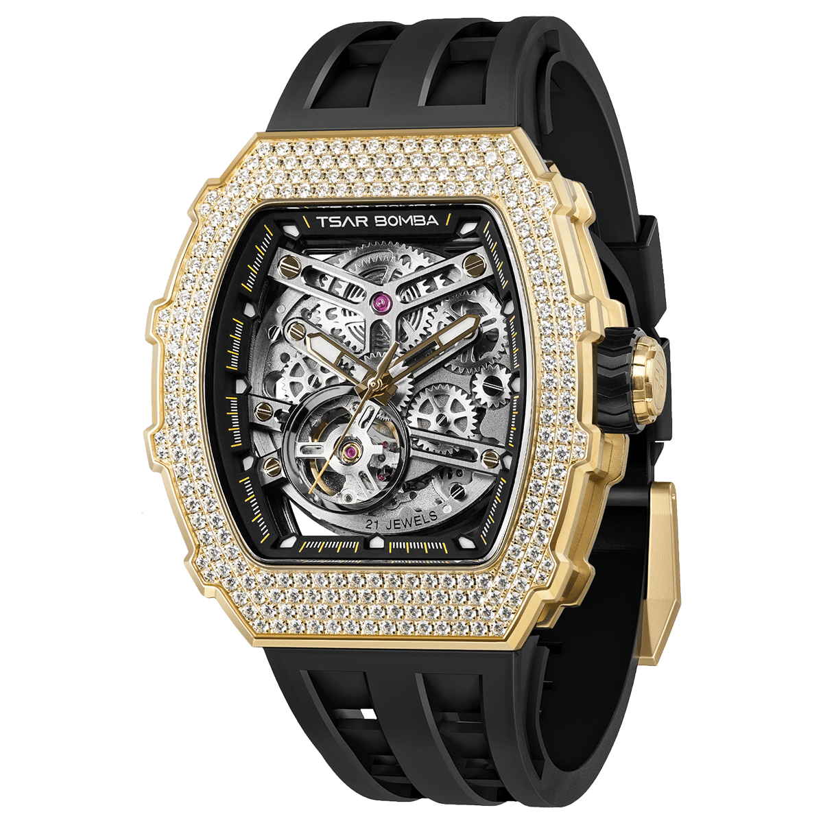 Side view of the TSAR BOMBA Elemental TB8208D men’s Black tonneau watch with a gold-tone stainless steel case and cubic zirconia bezel and skeleton dial.