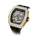 15° Left-Angled View TSAR BOMBA Elemental TB8208D men’s Black tonneau watch with a gold-tone stainless steel case and cubic zirconia bezel and skeleton dial.