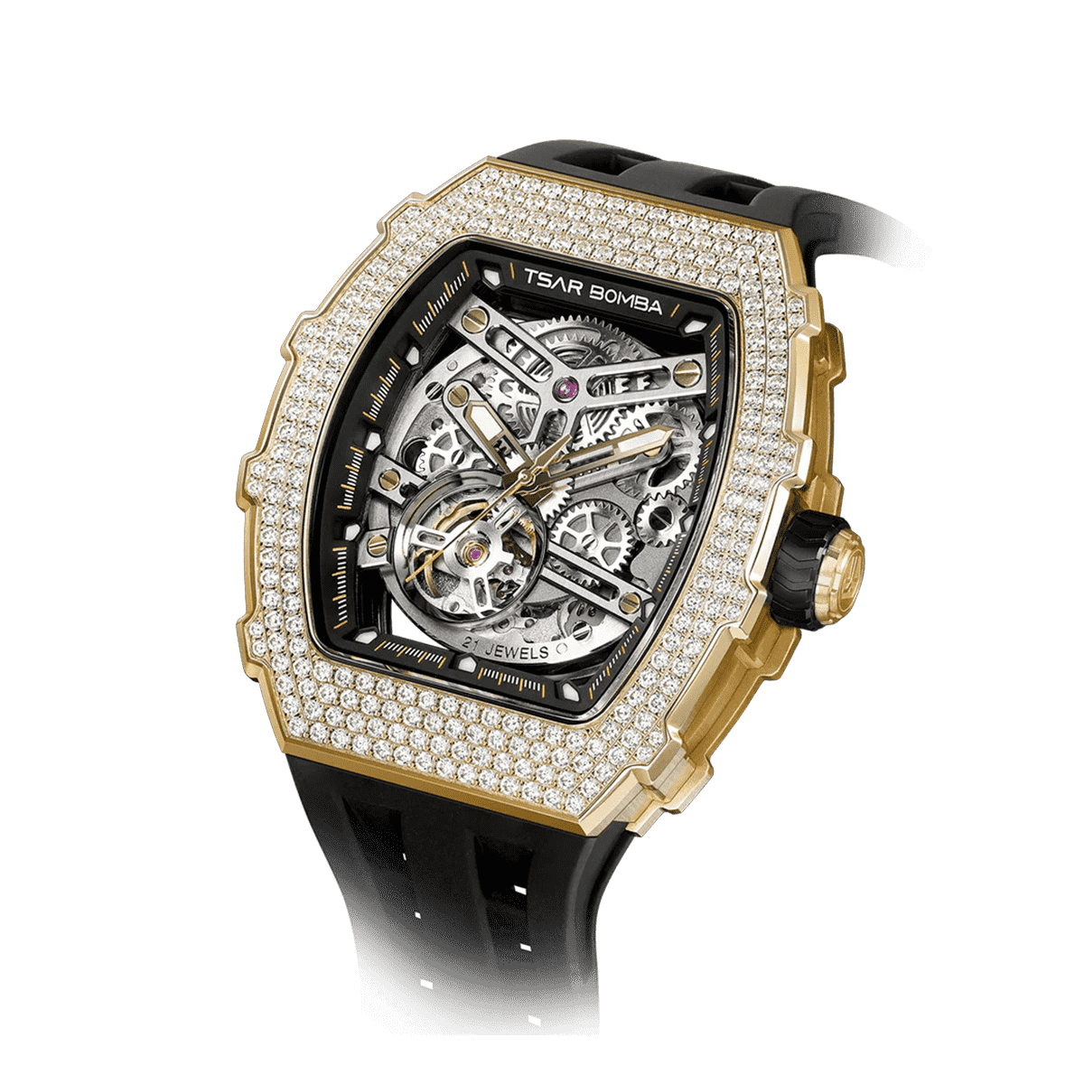 15° Left-Angled View TSAR BOMBA Elemental TB8208D men’s Black tonneau watch with a gold-tone stainless steel case and cubic zirconia bezel and skeleton dial.