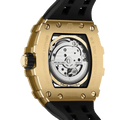 Rear view of the TSAR BOMBA Elemental TB8208D men’s Black tonneau watch with a gold-tone stainless steel case and cubic zirconia bezel and skeleton dial.