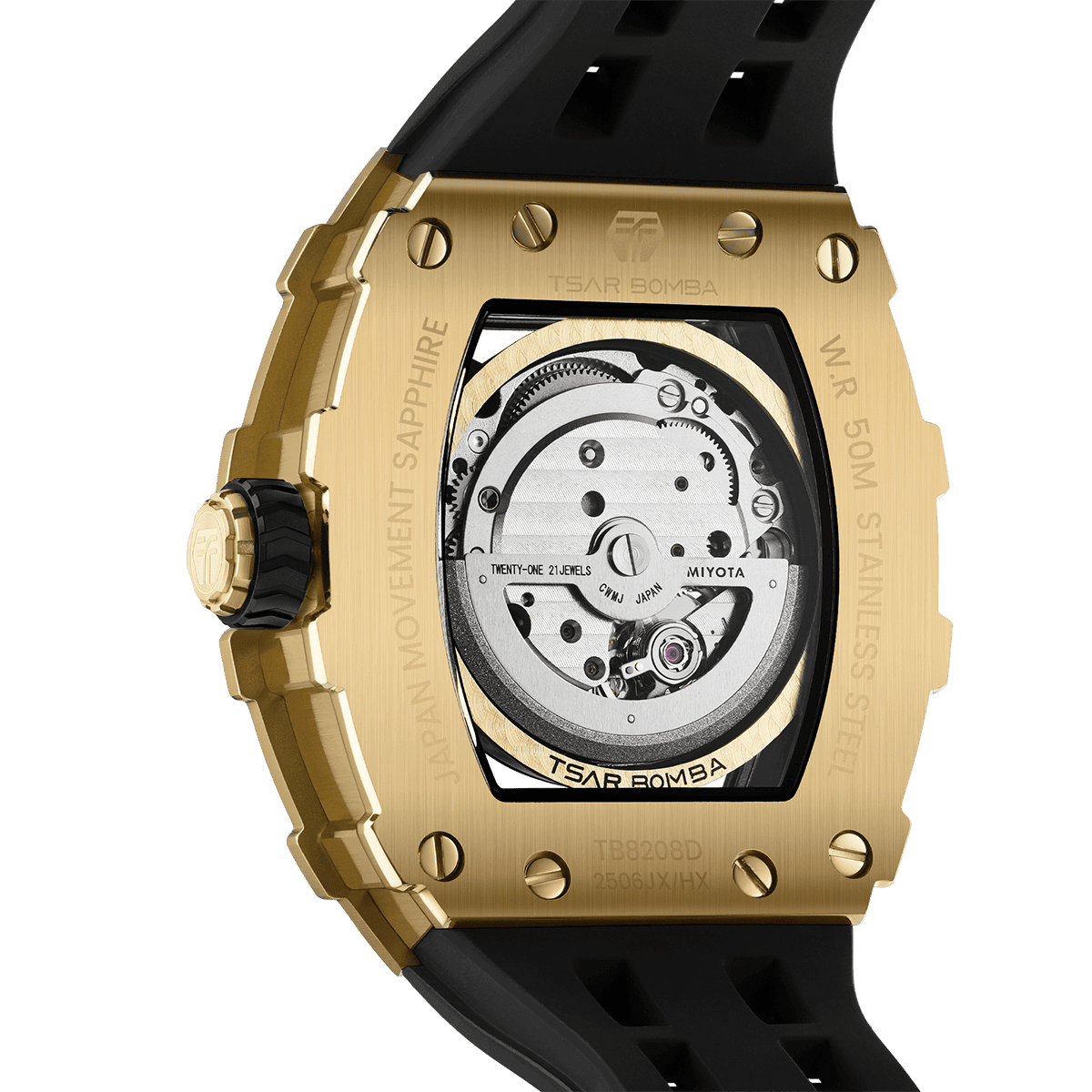Rear view of the TSAR BOMBA Elemental TB8208D men’s Black tonneau watch with a gold-tone stainless steel case and cubic zirconia bezel and skeleton dial.